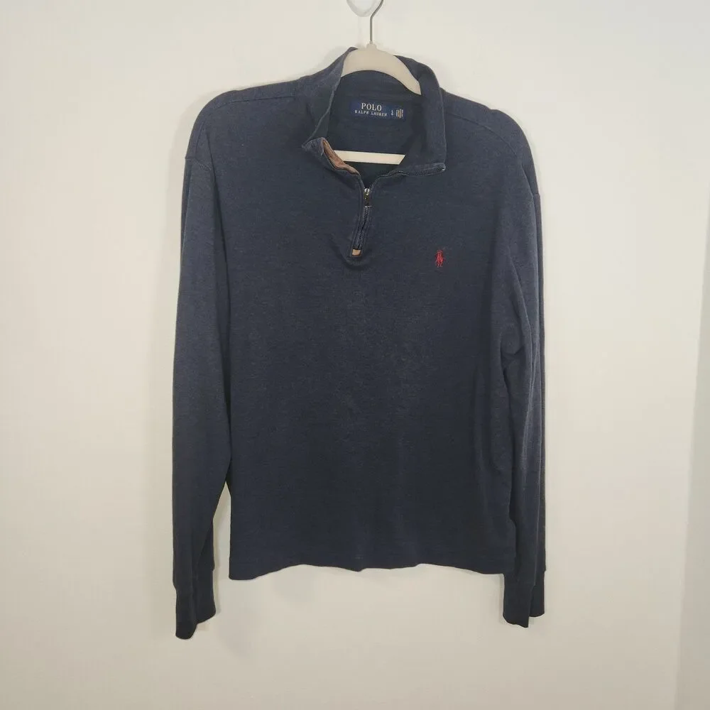 Polo Ralph Lauren Blue Mock Neck 1/4 Zip Red Horse Logo 100% Cotton Top LARGE